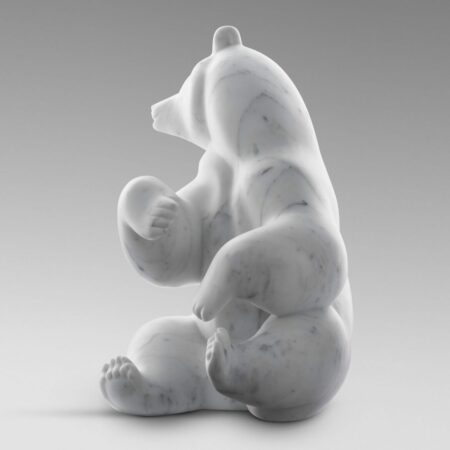 Picture of a marble sculpture representing a bear made by artist Michel Bassompierre, currently on show at Galerie Montmartre, Paris, France